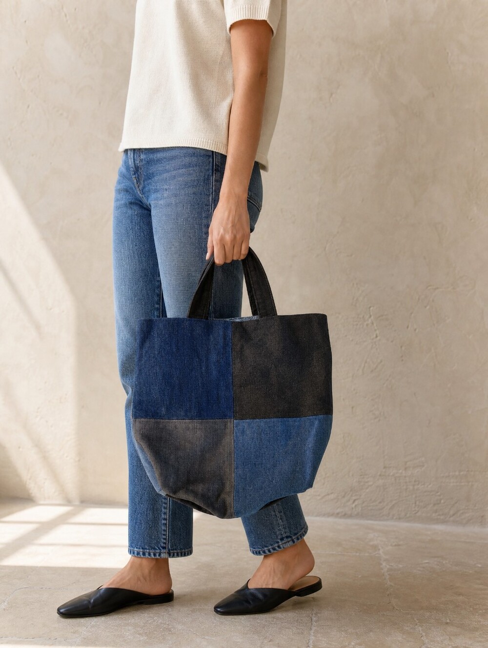 Denim patchwork tote bag